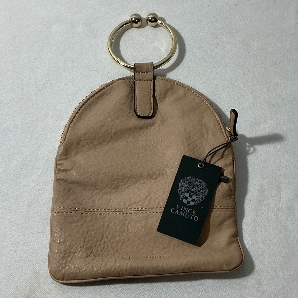 Vince Camuto Beige Leather Mini Wristlet with Gold Ring
